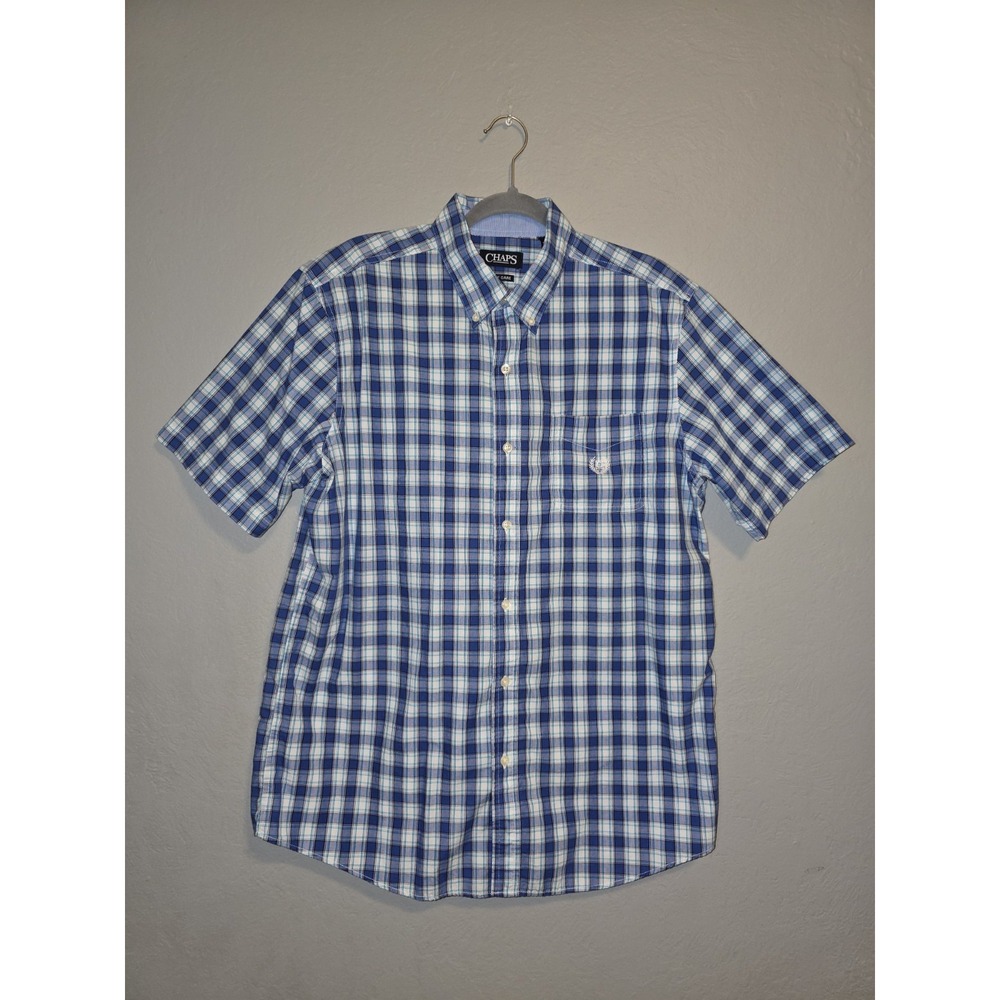Chaps Blue Plaid Button Up Short Sleeve Easter Spring Embroidery Preppy Sz L